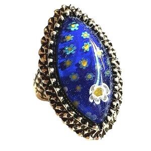 Vg Blue Murano Style Glass Cocktail Ring Size 8 Millefiori Flowers Silver Tone